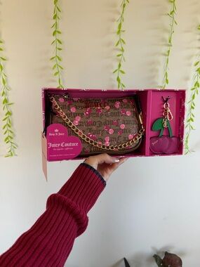 Juicy Couture Pink Cherry Print Chain Shoulder Bag gift set with cherry mirror